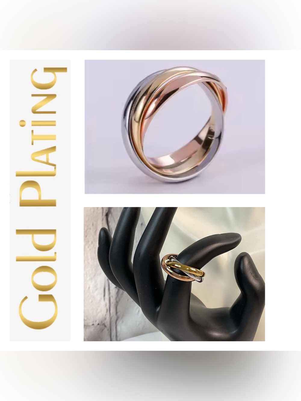 🌟🌟 18K Tri-Tone Interlocking Band Ring - Gold, Rose Gold & Silver